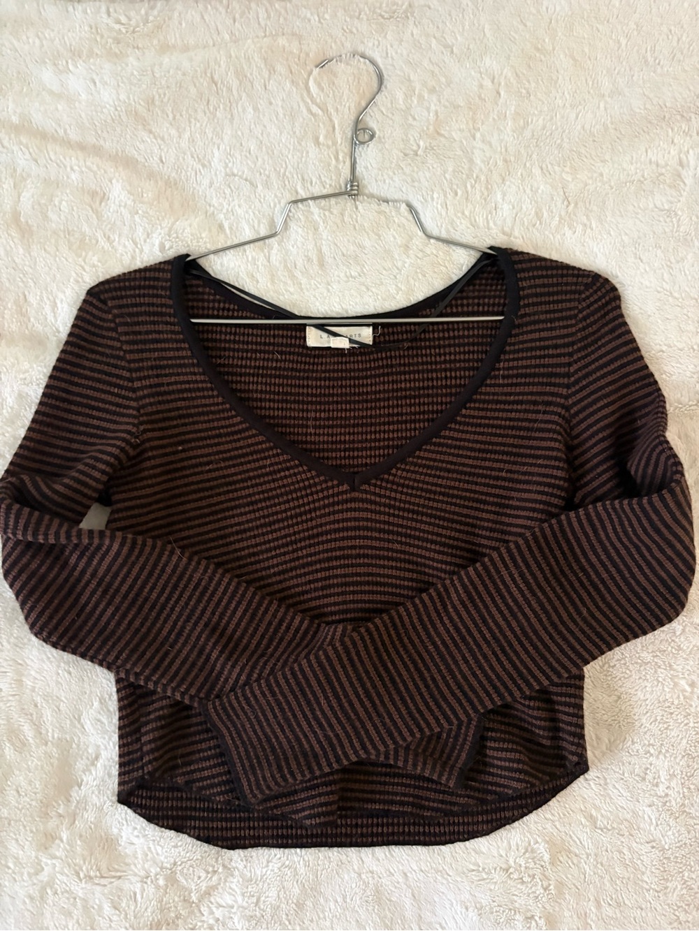 La Hearts Brown and Black Striped V-Neck Long Sleeve Top